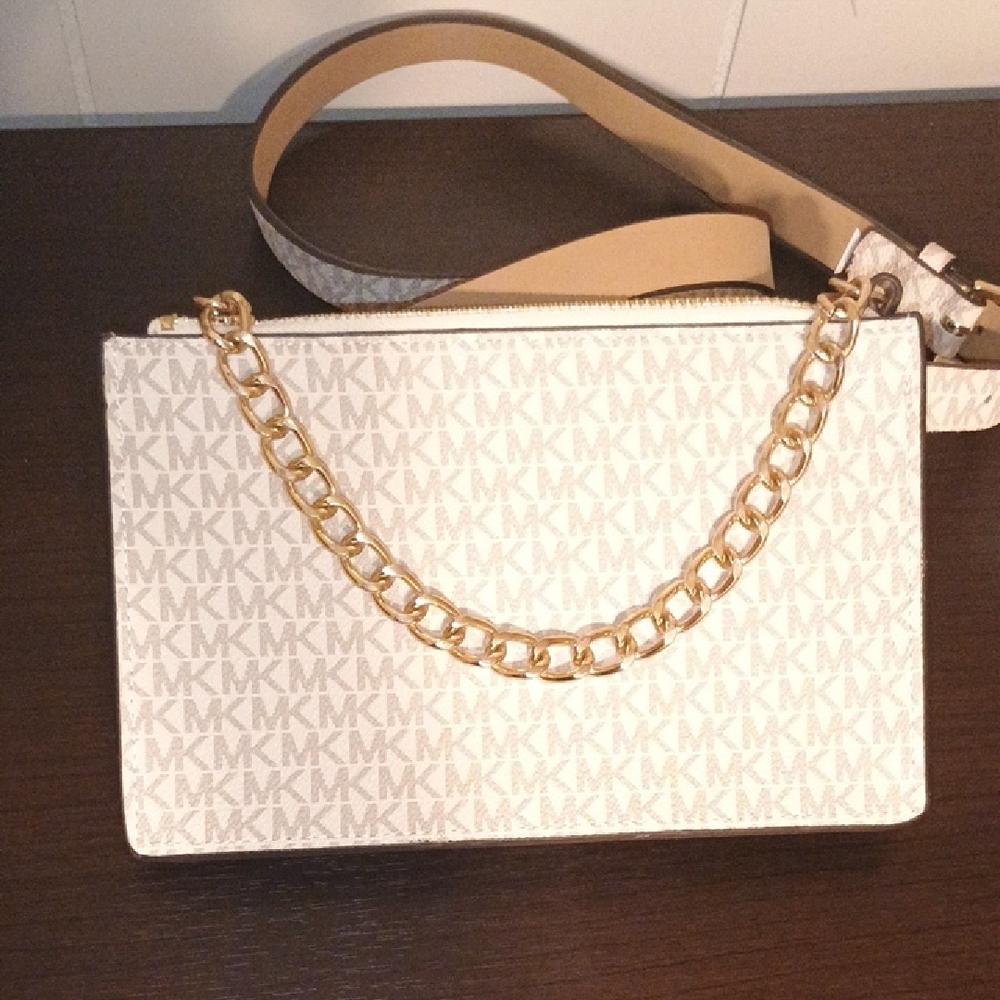Michael Kors White and Gold Crossbody Bag with Chain Detail Size Medium